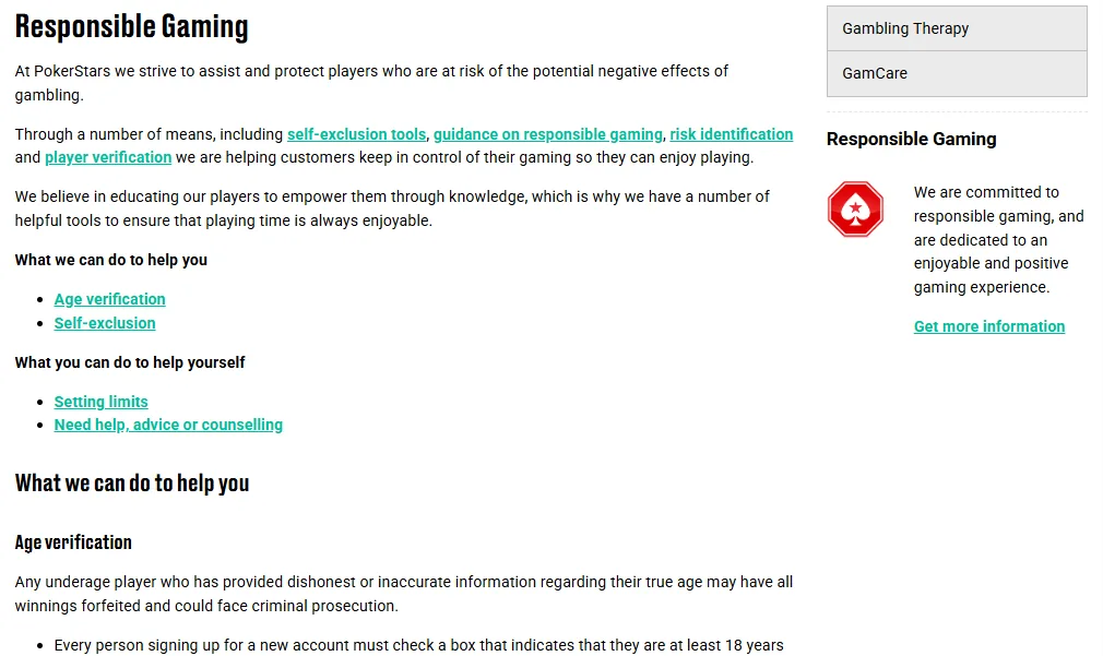 Screenshot of PokerStars Casino's responsible-gambling tools