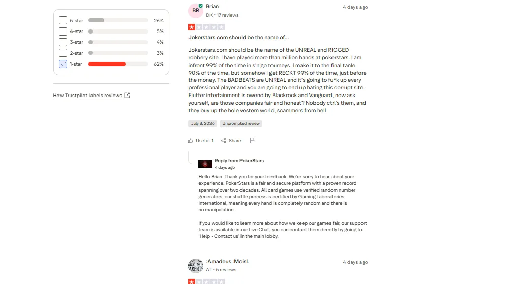 Screenshot of PokerStars Casino's negative Trustpilot review