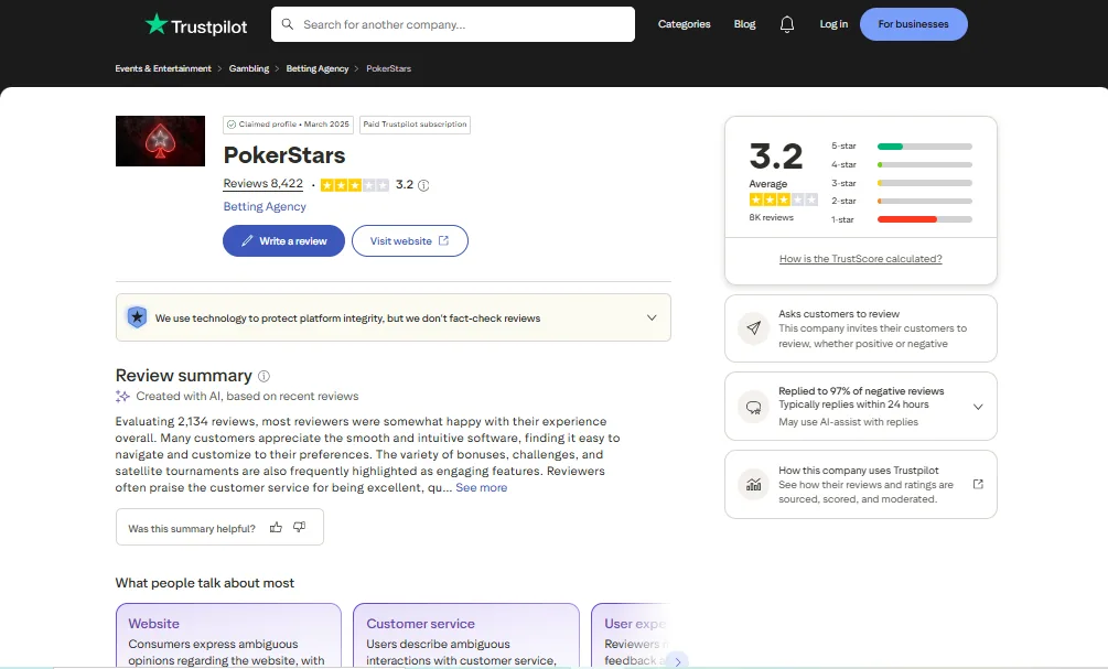 Screenshot of PokerStars Casino's Trustpilot rating overview