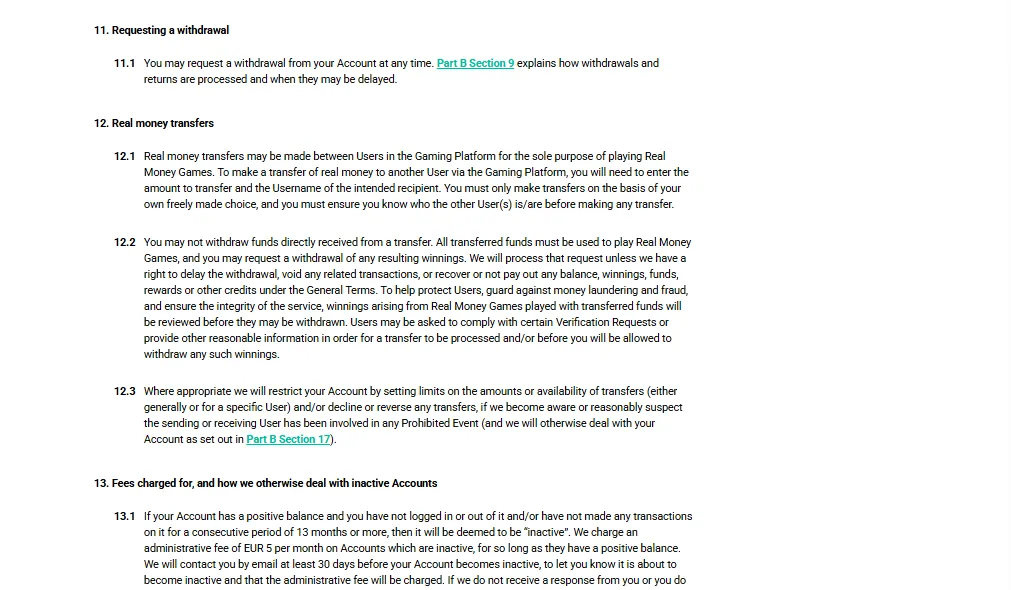 Screenshot of PokerStars Casino's withdrawal section and limits