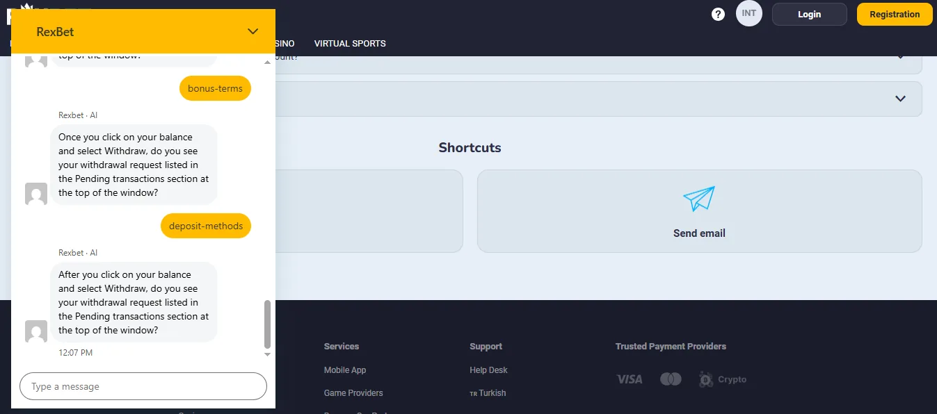 Screenshot of Rexbet's live chat support window
