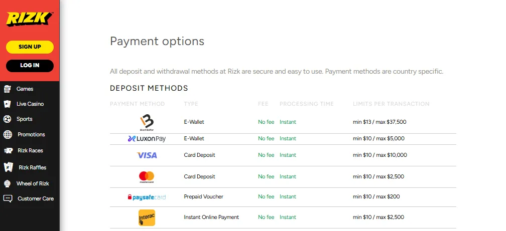 Screenshot of Rizk's cashier and payment methods