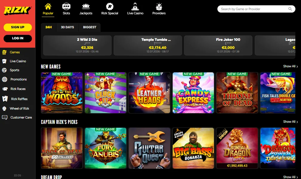 Screenshot of Rizk's games lobby