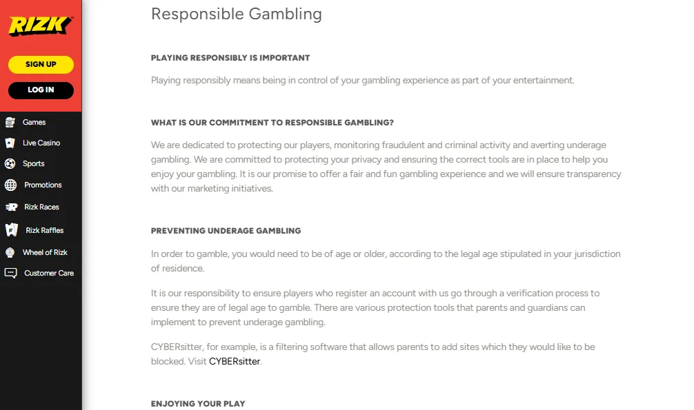 Screenshot of Rizk's responsible-gambling tools