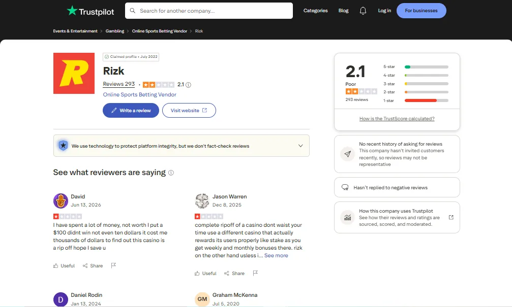 Screenshot of Rizk's Trustpilot rating overview