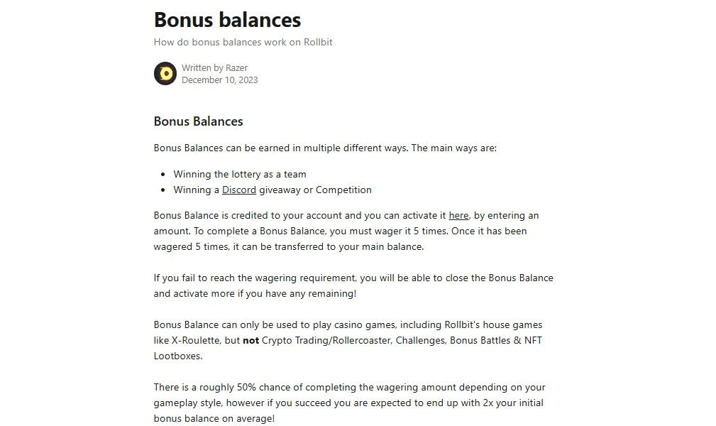 Screenshot of Rollbit's bonus terms and wagering requirements