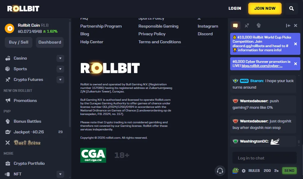 Screenshot of Rollbit's footer licence and regulator details