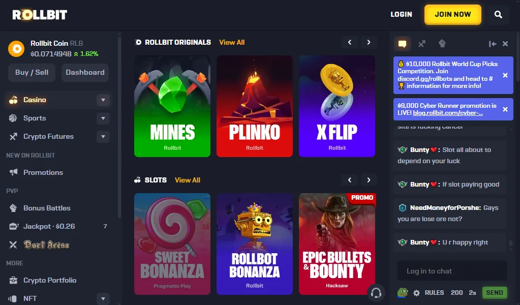 Screenshot of Rollbit's games lobby