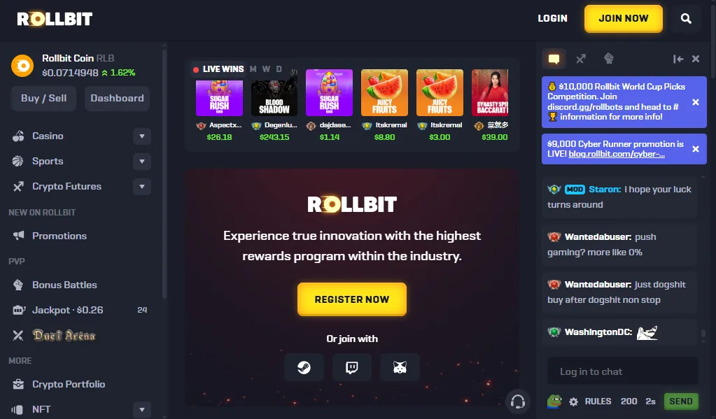 Screenshot of Rollbit's homepage