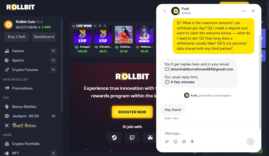 Screenshot of Rollbit's live chat support window