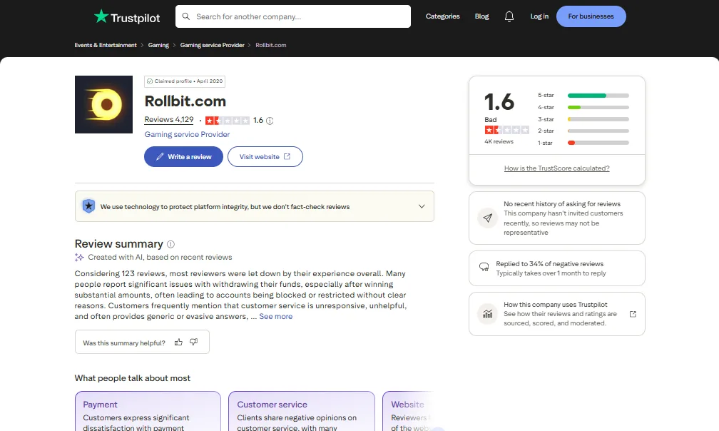 Screenshot of Rollbit's Trustpilot rating overview