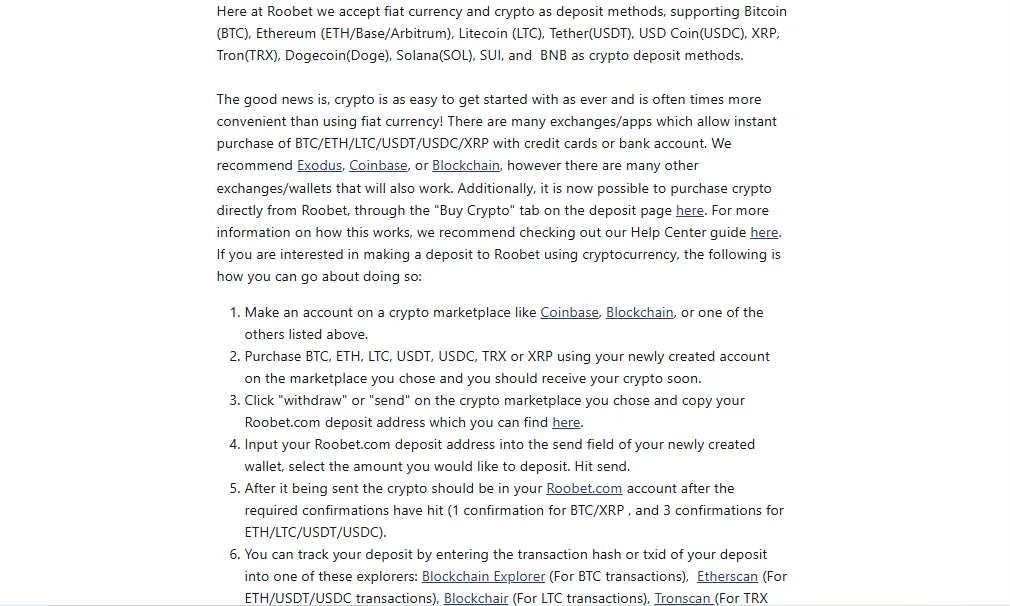 Screenshot of Roobet's cashier and payment methods