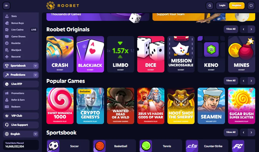 Screenshot of Roobet's games lobby