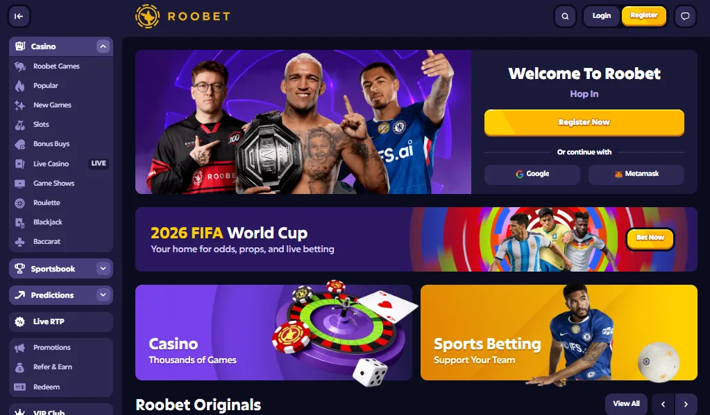 Screenshot of Roobet's homepage