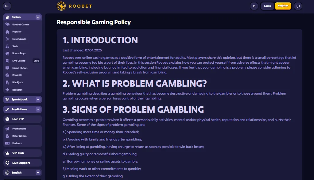 Screenshot of Roobet's responsible-gambling tools