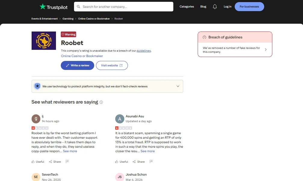 Screenshot of Roobet's Trustpilot rating overview