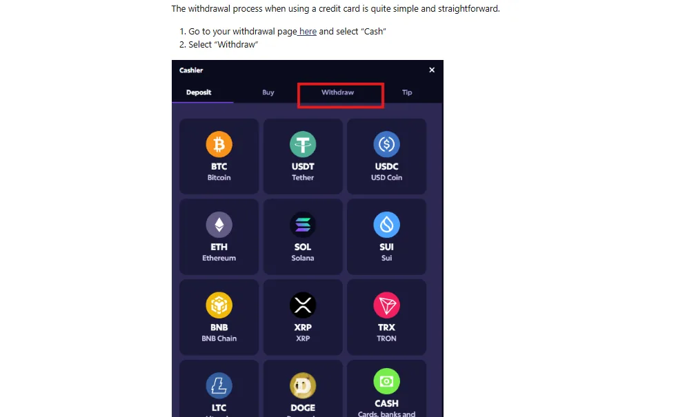 Screenshot of Roobet's withdrawal section and limits