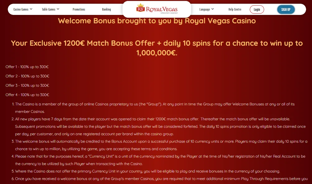 Screenshot of Royal Vegas's bonus terms and wagering requirements