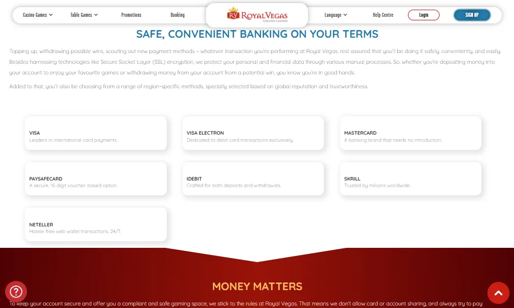 Screenshot of Royal Vegas's cashier and payment methods