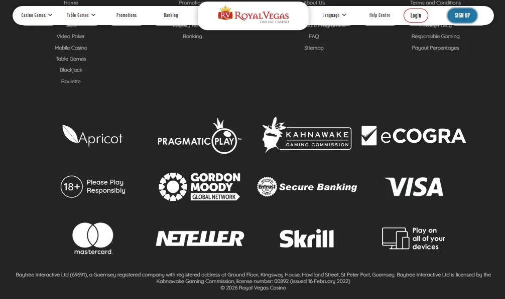 Screenshot of Royal Vegas's footer licence and regulator details