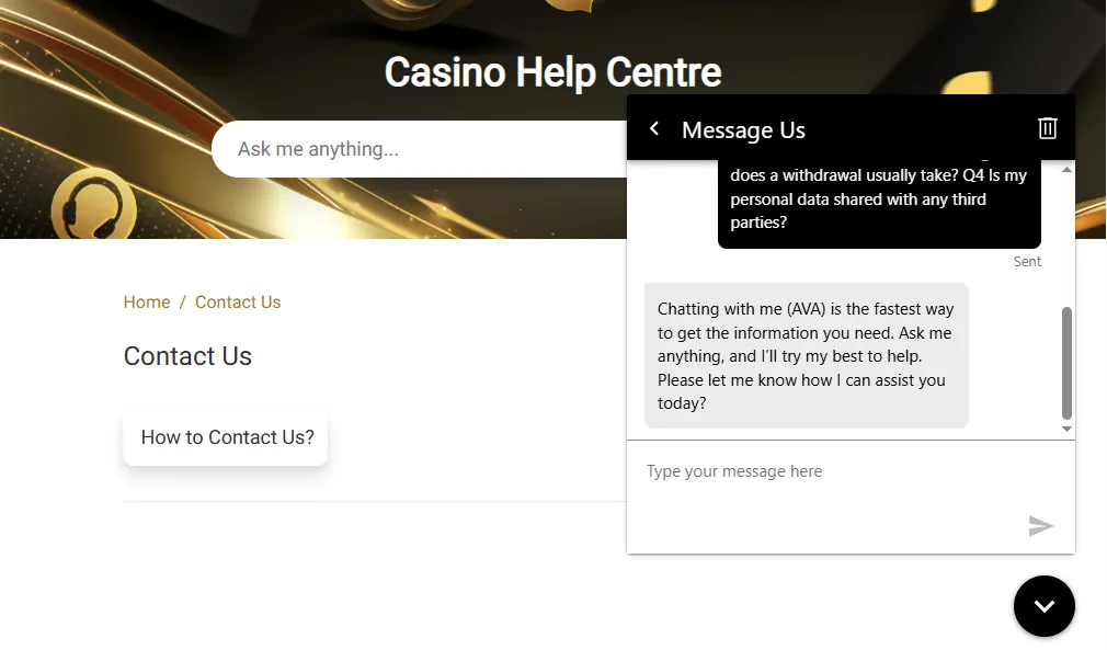 Screenshot of Royal Vegas's live chat support window