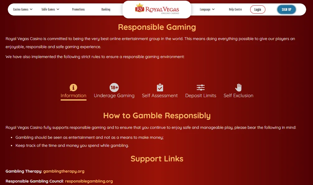 Screenshot of Royal Vegas's responsible-gambling tools