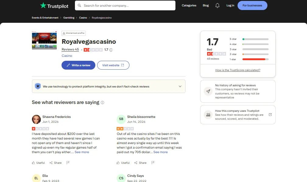 Screenshot of Royal Vegas's Trustpilot rating overview