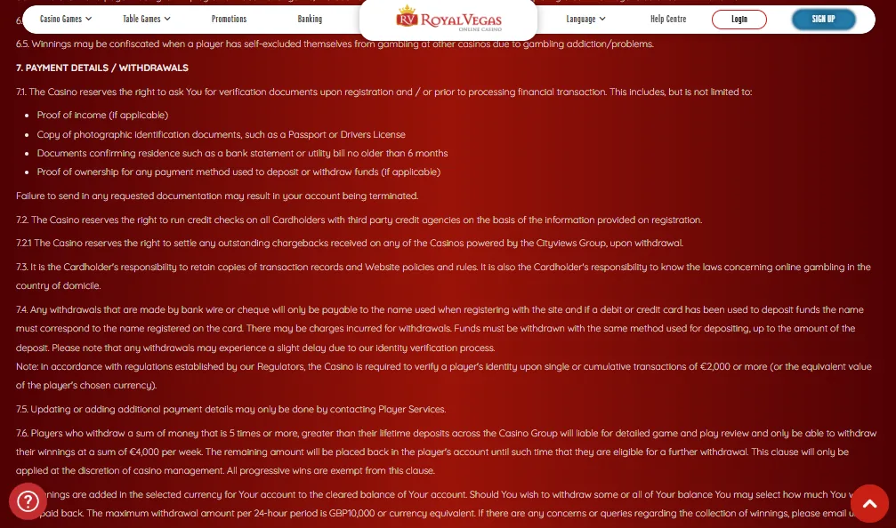Screenshot of Royal Vegas's withdrawal section and limits