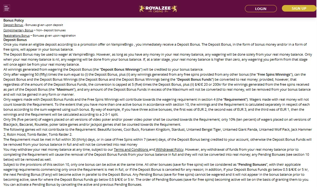 Screenshot of Royalzee's bonus terms and wagering requirements