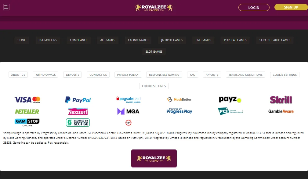 Screenshot of Royalzee's footer licence and regulator details