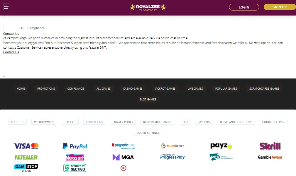 Screenshot of Royalzee's live chat support window