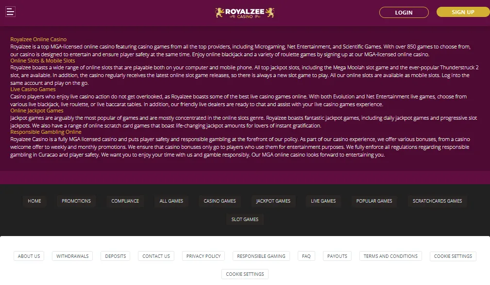 Screenshot of Royalzee's responsible-gambling tools