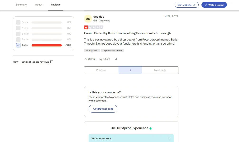 Screenshot of Royalzee's negative Trustpilot review