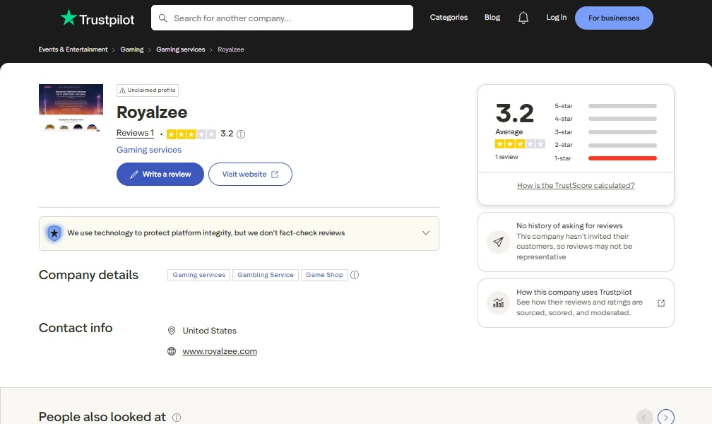 Screenshot of Royalzee's Trustpilot rating overview