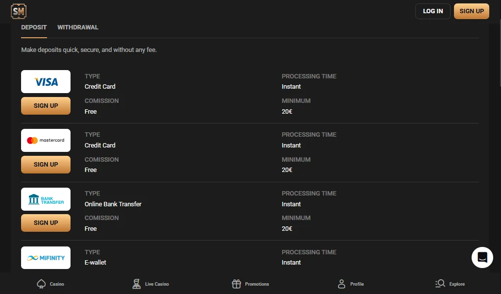 Screenshot of Slot Mafia's cashier and payment methods