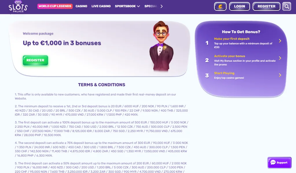 Screenshot of Slots Palace's bonus terms and wagering requirements