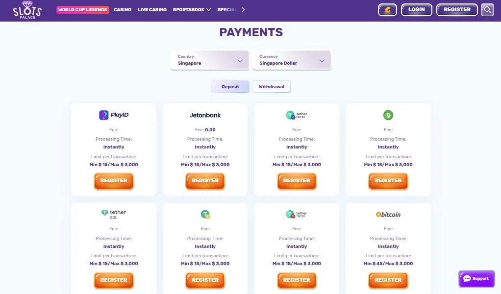 Screenshot of Slots Palace's cashier and payment methods