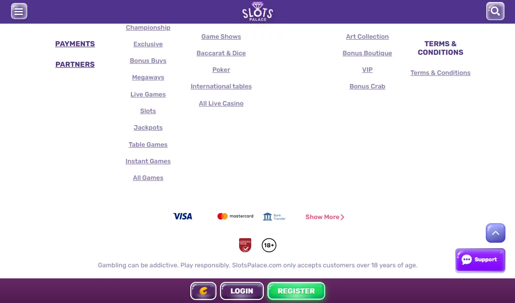 Screenshot of Slots Palace's footer licence and regulator details