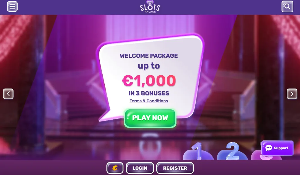 Screenshot of Slots Palace's homepage