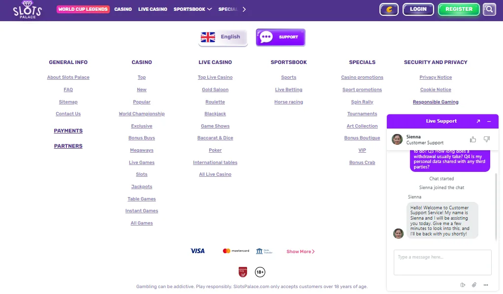 Screenshot of Slots Palace's live chat support window