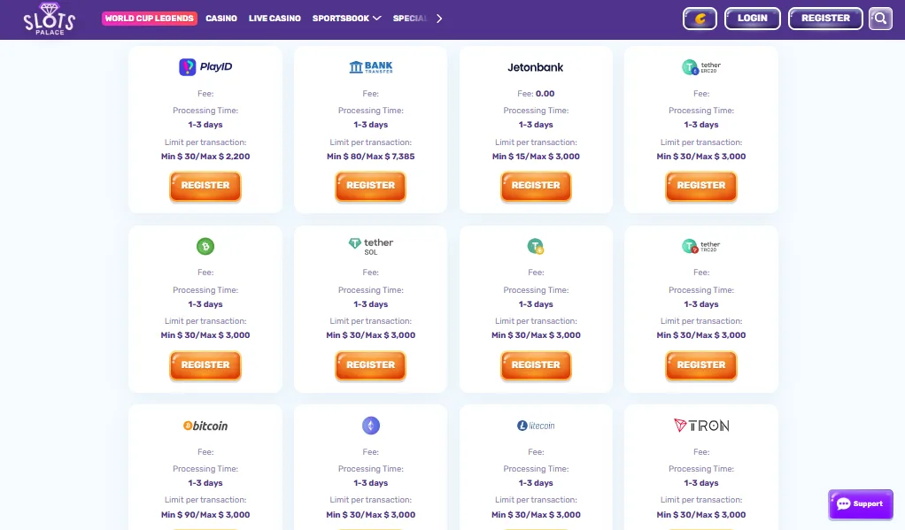 Screenshot of Slots Palace's withdrawal section and limits