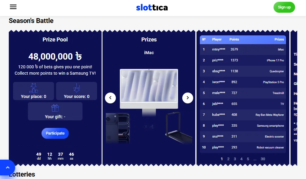 Screenshot of Slottica's welcome bonus offer