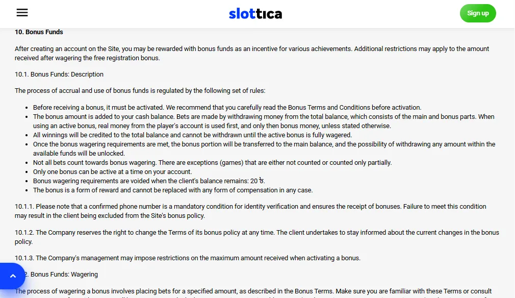 Screenshot of Slottica's bonus terms and wagering requirements