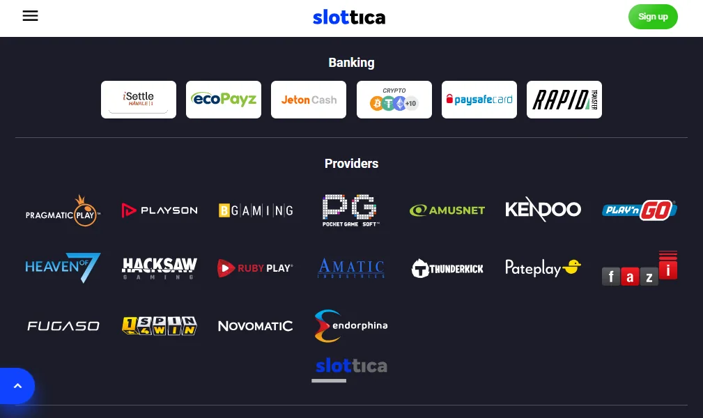 Screenshot of Slottica's cashier and payment methods