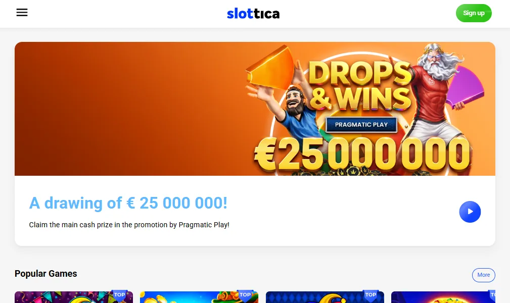 Screenshot of Slottica's homepage