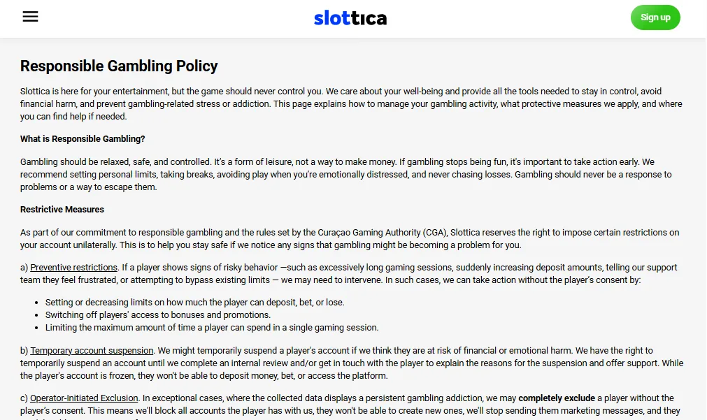 Screenshot of Slottica's responsible-gambling tools