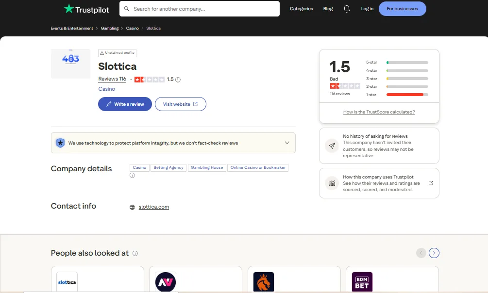 Screenshot of Slottica's Trustpilot rating overview