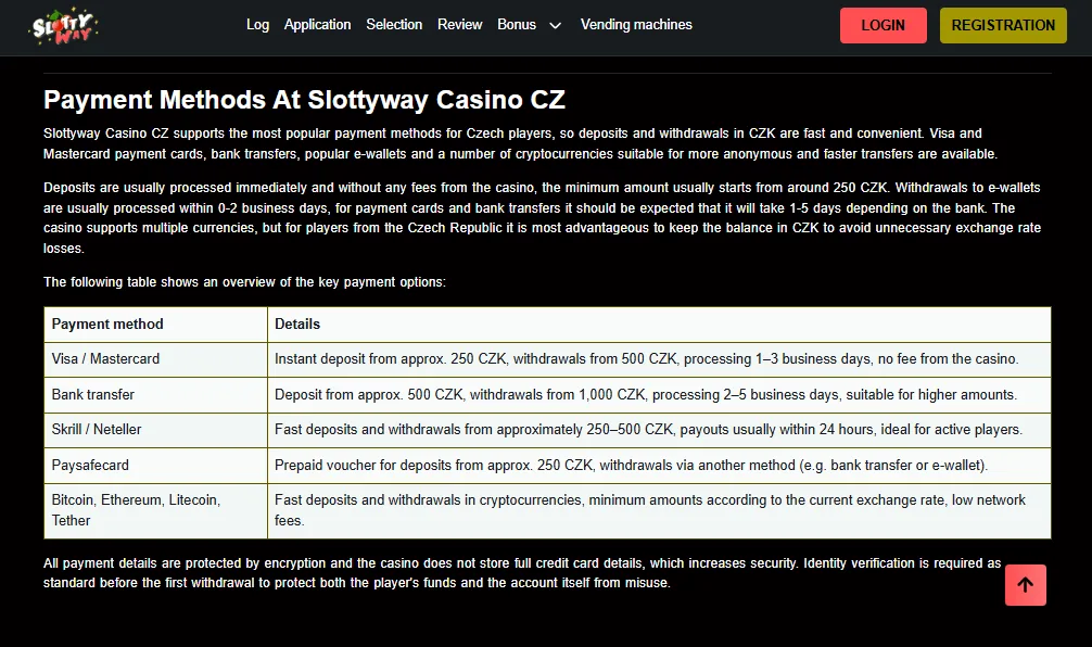 Screenshot of Slottyway's cashier and payment methods