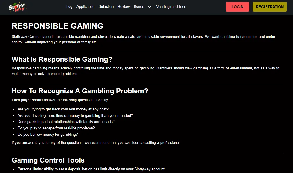Screenshot of Slottyway's responsible-gambling tools