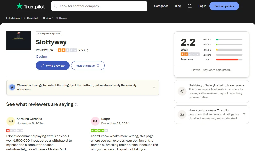 Screenshot of Slottyway's Trustpilot rating overview